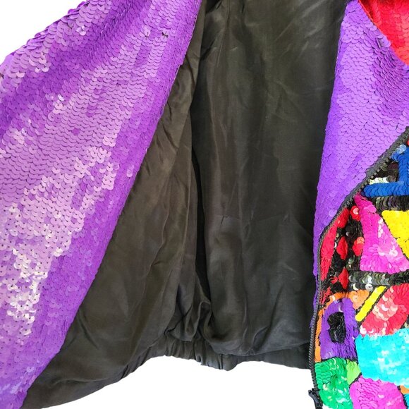Sequin Moto Jacket Women's Neon Multicolor OOAK Zipper Front100% Silk Sz Medium - Picture 13 of 17